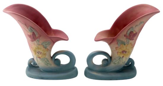 Picture of Vintage Hull Pottery Cornucopia Pair – Matte Pastel Floral Console Set