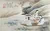 Picture of Antique Chinese Gouache of Three Women Paddling on Lotus Pond
