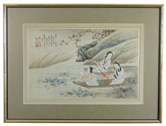 Picture of Antique Chinese Gouache of Three Women Paddling on Lotus Pond