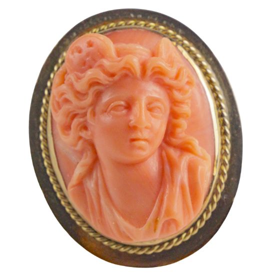 Picture of Antique 14K Gold Coral Ring with Bust of Woman or Medusa