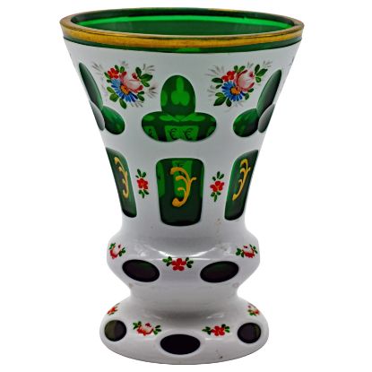 Picture of Antique Bohemian White Cased Green Cut Overlay Enamel Decorated Vessel