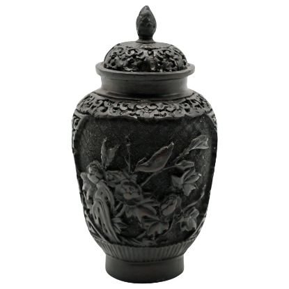 Picture of Vintage Chinese Black Lacquer Covered Jar with Figural Landscape Motif