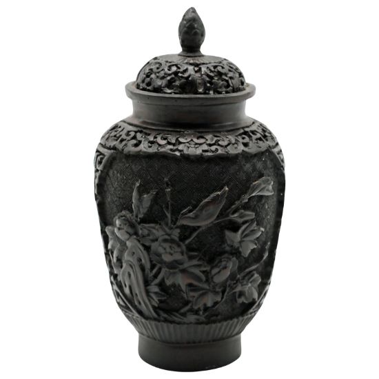 Picture of Vintage Chinese Black Lacquer Covered Jar with Figural Landscape Motif