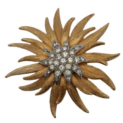 Picture of Vintage Mid-Century Modernist Sunburst Rhinestone Brooch - Gold-Tone