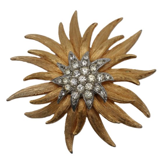 Picture of Vintage Mid-Century Modernist Sunburst Rhinestone Brooch - Gold-Tone