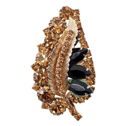 Picture of Vintage Juliana Style (Attributed) - Rhinestone Leaf Brooch in Honey Amber