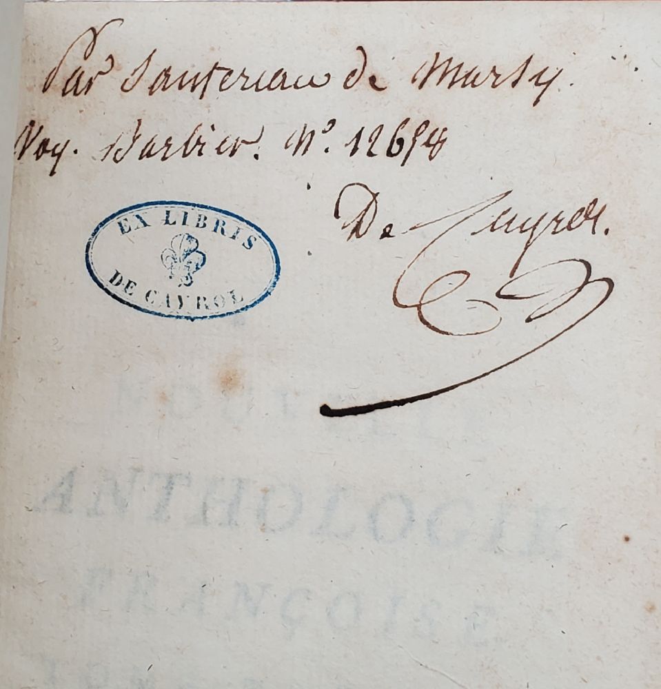 Flyleaf inscription by Louis Nicolas Jean Joachim de Cayrol