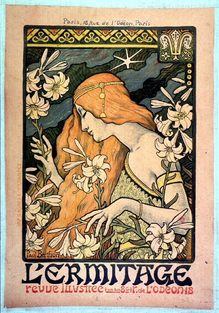 Paul Berthon, L'Ermitage, 1897 lithograph with red-haired woman and lilies for the Paris review L'Ermitage